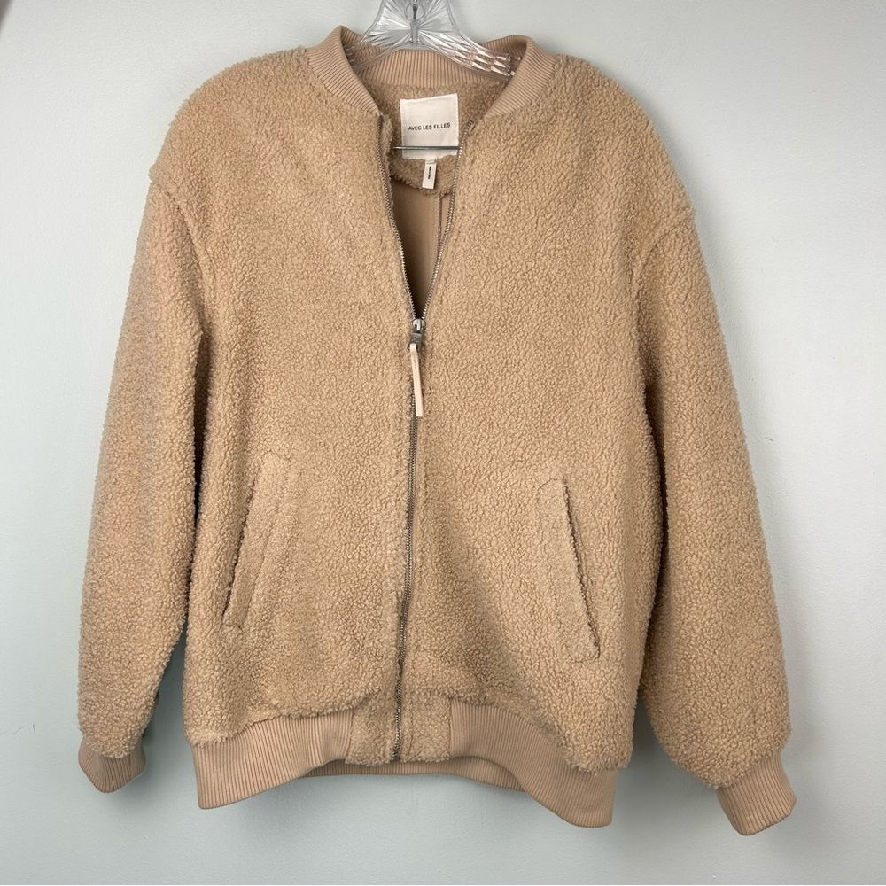 Avec Les Filles Sherpa Jacket Fuzzy Furry Warm Full Zip Tan Women’s Sz S